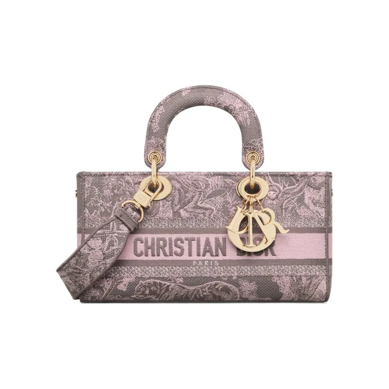 DIOR Lady D-JOY Reverse Yu Print Embroidery Shoulder Bag Crossbody Bag Handbag Medium Size Women's Gray & Pink-0