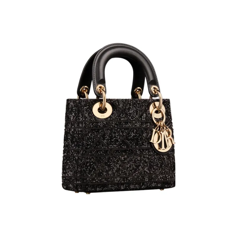 DIOR Lady Dior Cotton Beaded Embroidery Shoulder Bag, Crossbody Bag, Handbag Mini Women's Black-1