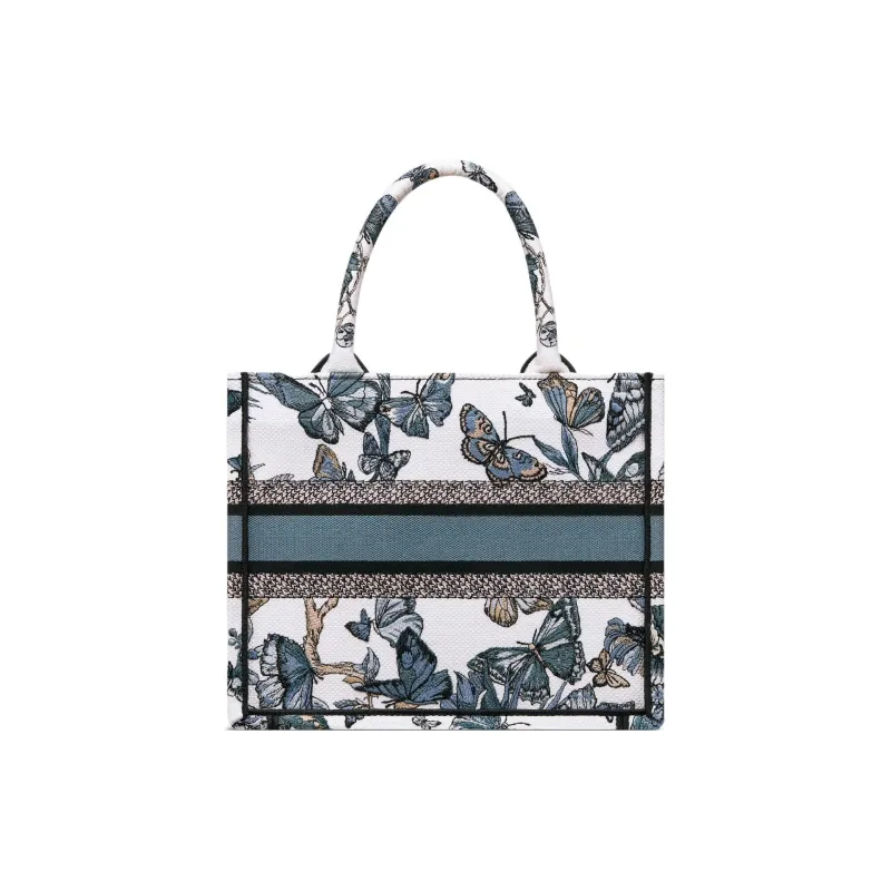DIOR BookTote Embroidery Tote Bag Shopping Bag Handbag Small Size Women's White & Light Midnight Blue-2