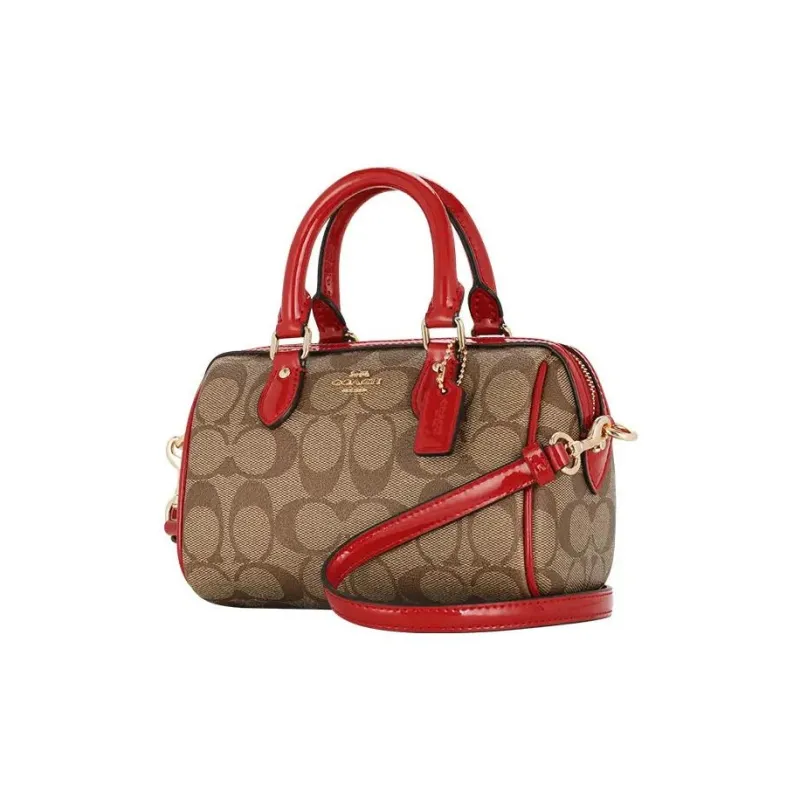 COACH Boxed PVC With Skin Boston Bag, Handbag, Shoulder Bag Small Size Women's Brown & Red-2