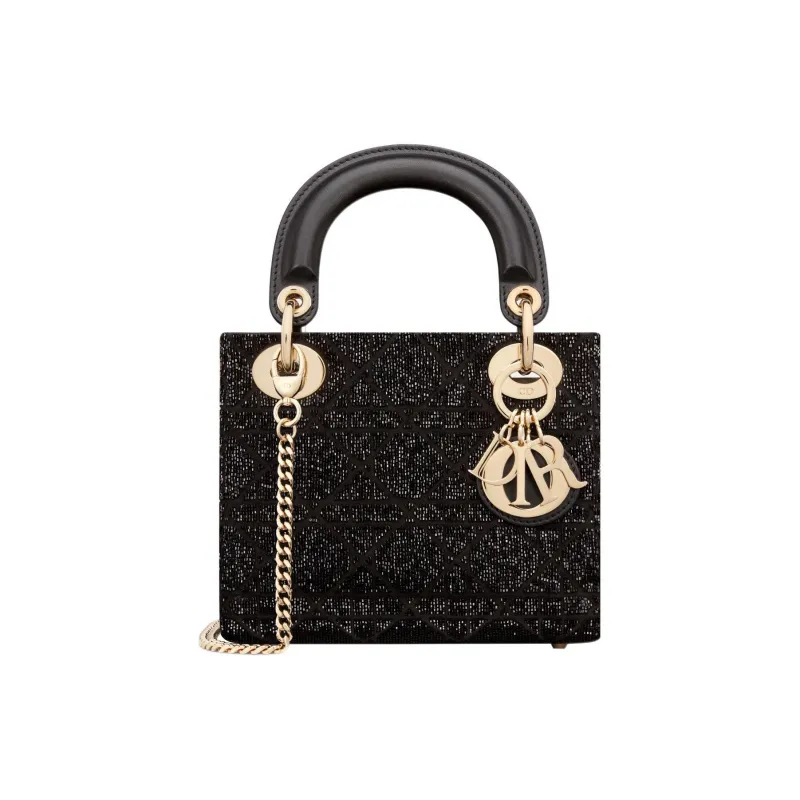 DIOR Lady Dior Cotton Beaded Embroidery Shoulder Bag, Crossbody Bag, Handbag Mini Women's Black-0