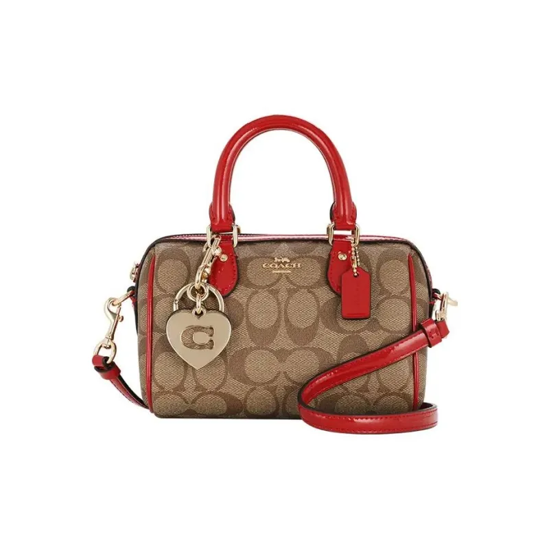 COACH Boxed PVC With Skin Boston Bag, Handbag, Shoulder Bag Small Size Women's Brown & Red-1