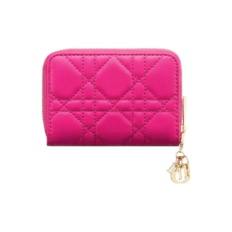 DIOR Lady Dior Lambskin Coin Purses Wallets Small Size Women's Rose Red-2
