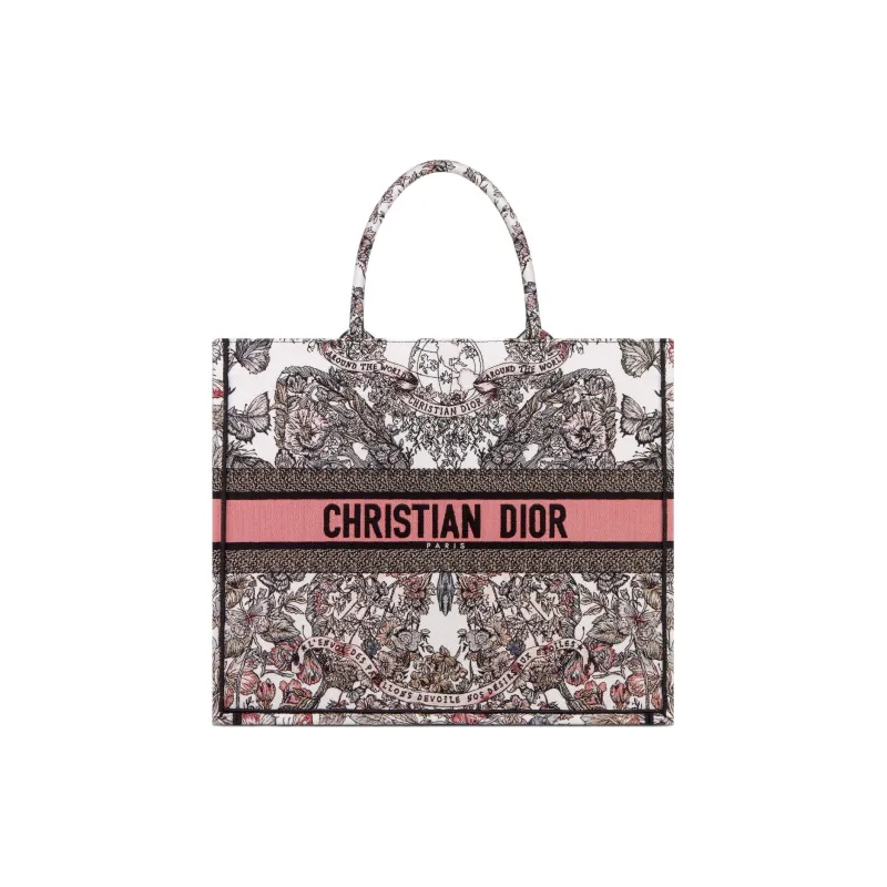 DIOR BookTote Embroidery Tote Bag Shopping Bag Handbag Large Size Women's White & Light Pink-0