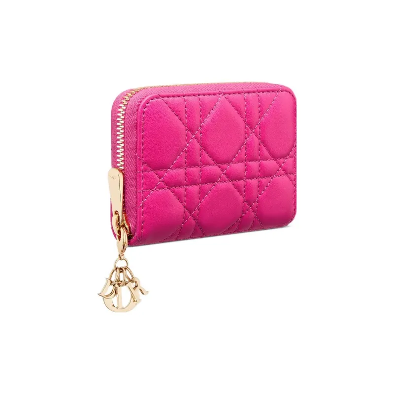 DIOR Lady Dior Lambskin Coin Purses Wallets Small Size Women's Rose Red-1