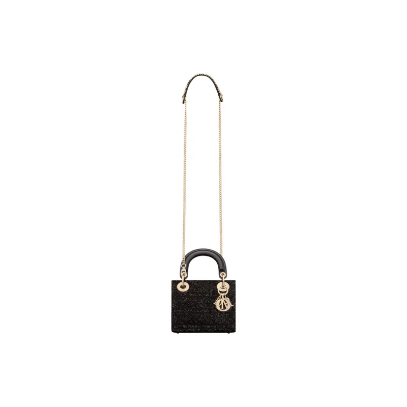 DIOR Lady Dior Cotton Beaded Embroidery Shoulder Bag, Crossbody Bag, Handbag Mini Women's Black-4