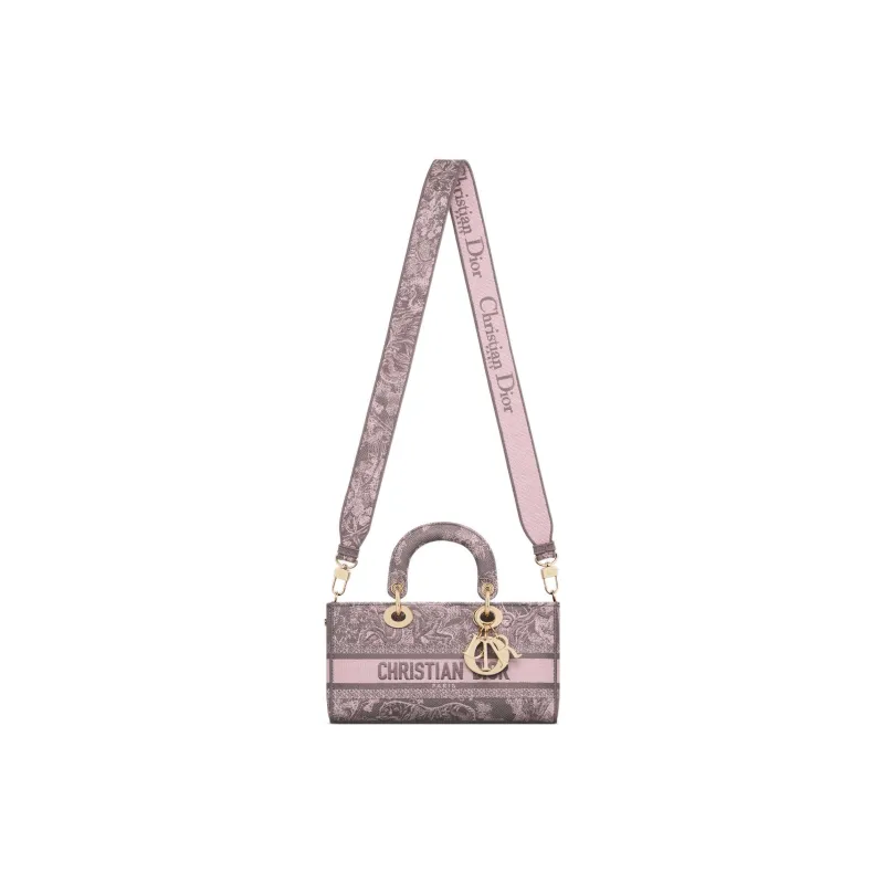 DIOR Lady D-JOY Reverse Yu Print Embroidery Shoulder Bag Crossbody Bag Handbag Medium Size Women's Gray & Pink-5