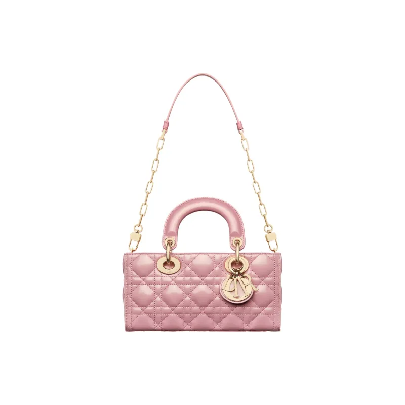 DIOR Lady D-JOY Shiny Cow Leather Shoulder Bag Crossbody Bag Handbag Small Size Women's Peach Pink-4