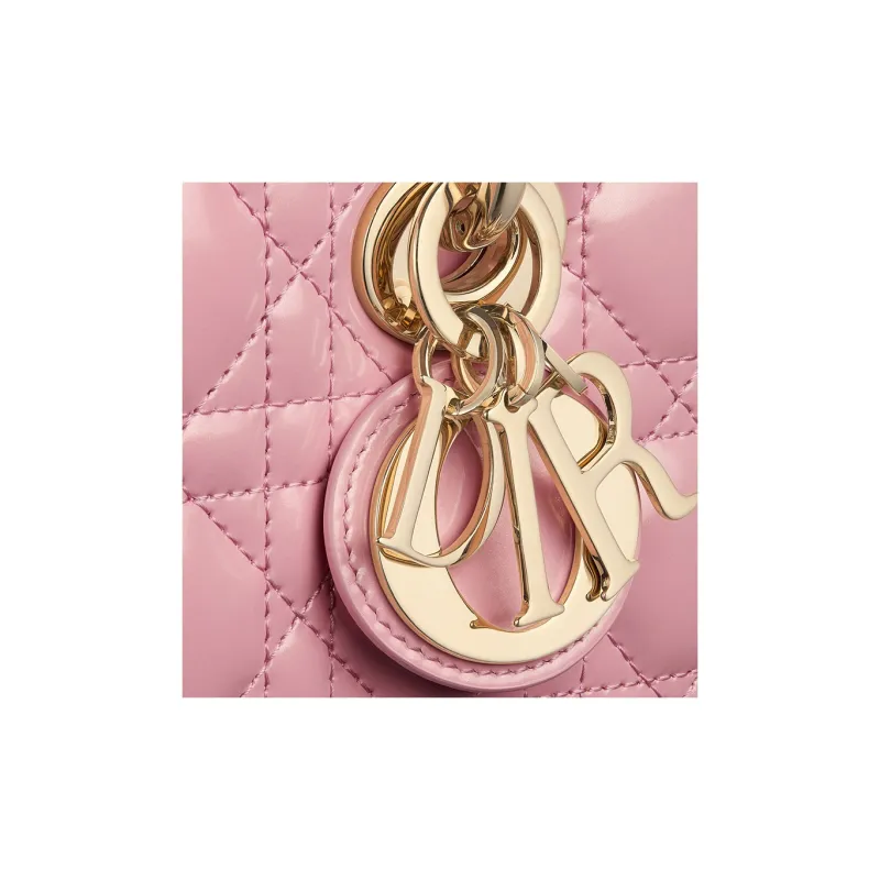 DIOR Lady D-JOY Shiny Cow Leather Shoulder Bag Crossbody Bag Handbag Small Size Women's Peach Pink-6