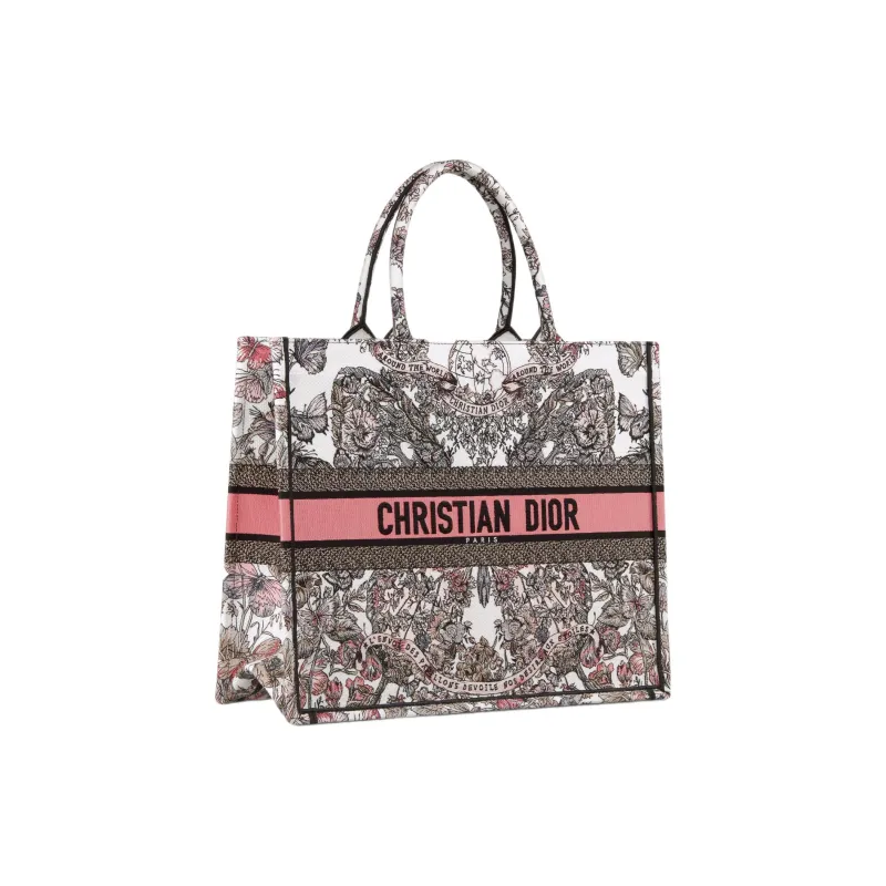 DIOR BookTote Embroidery Tote Bag Shopping Bag Handbag Large Size Women's White & Light Pink-1