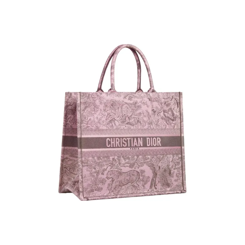 DIOR Embroidery Tote Bag, Shopping Bag, Handbag Large Size Women's Pink & Gray-1