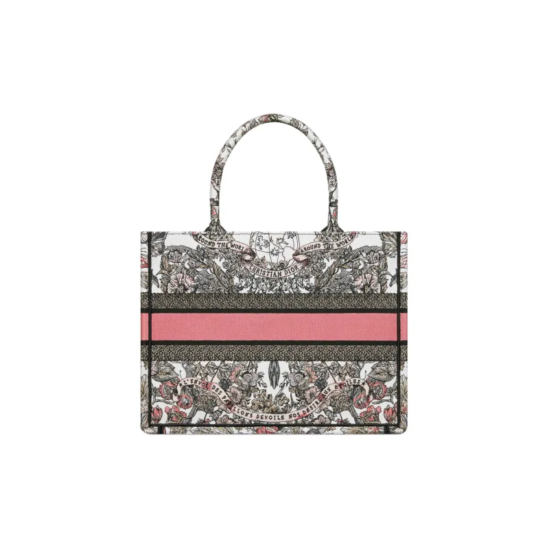 DIOR Embroidery Tote Bag, Shopping Bag, Handbag Medium Size Women's White & Light Pink-2