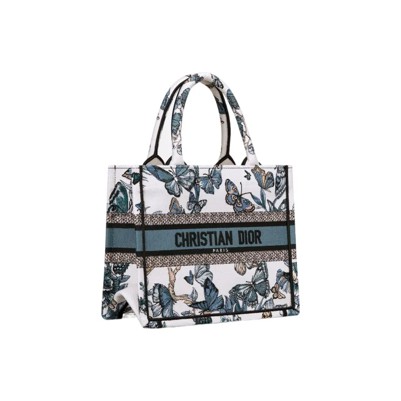 DIOR BookTote Embroidery Tote Bag Shopping Bag Handbag Small Size Women's White & Light Midnight Blue-1