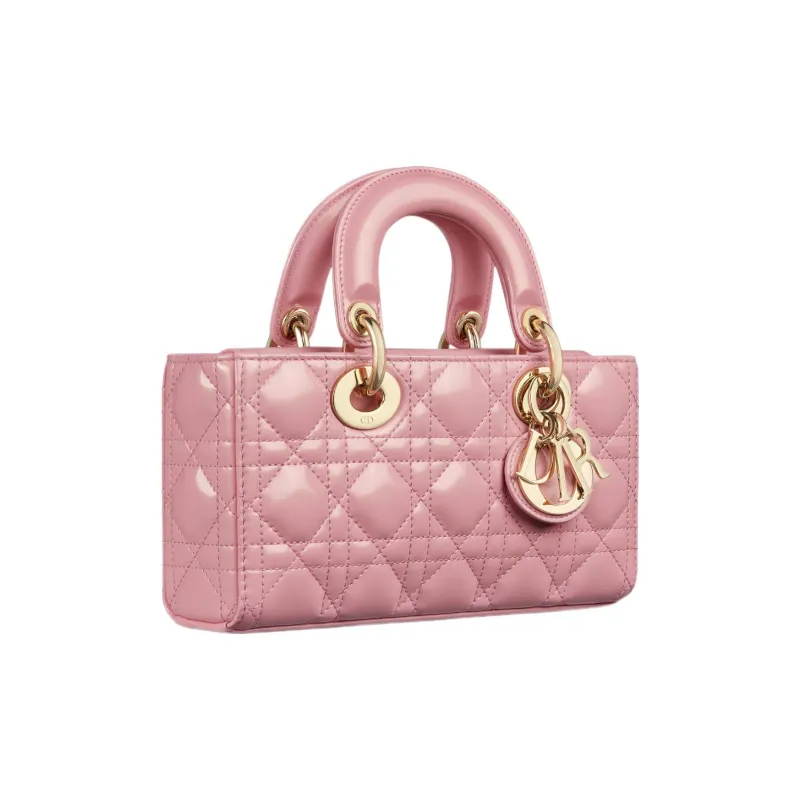DIOR Lady D-JOY Shiny Cow Leather Shoulder Bag Crossbody Bag Handbag Small Size Women's Peach Pink-1