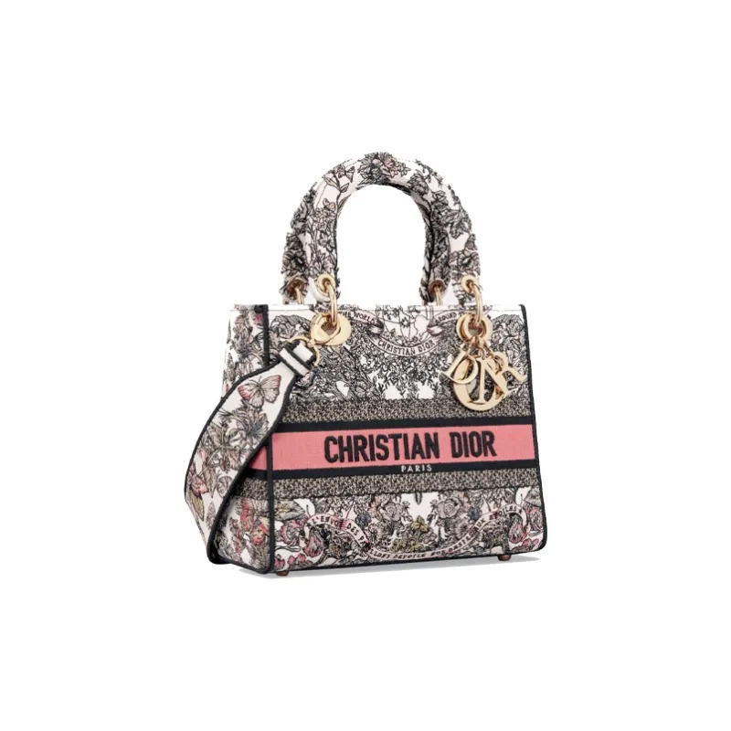 DIOR Lady D-Lite Embroidery Dior Bag Shoulder Bag Crossbody Bag Handbag Medium Size Women's White & Light Pink-1