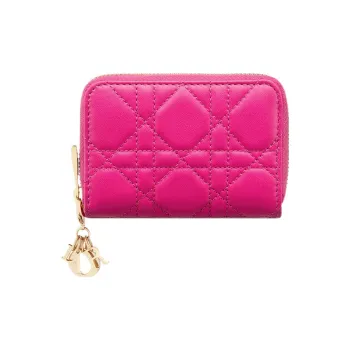 DIOR Lady Dior Lambskin Coin Purses Wallets Small Size Women's Rose Red