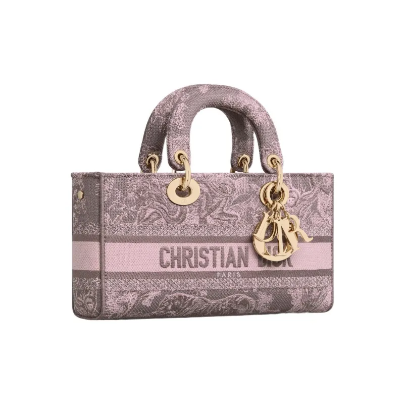 DIOR Lady D-JOY Reverse Yu Print Embroidery Shoulder Bag Crossbody Bag Handbag Medium Size Women's Gray & Pink-1