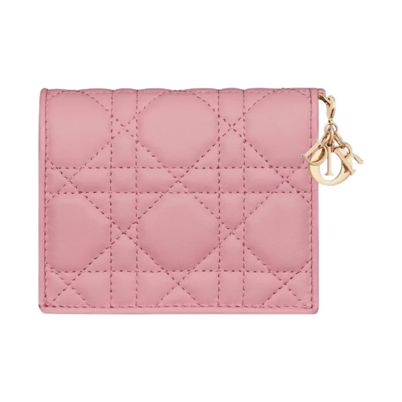 DIOR Lady Dior Lambskin Wallet Mini Women's Peach Pink-2