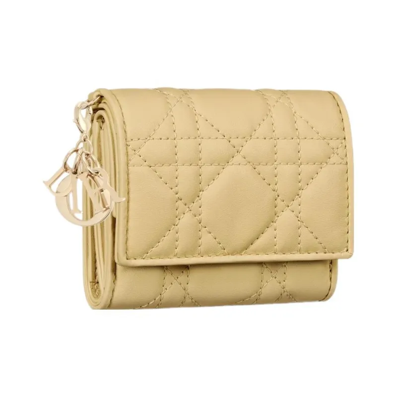 DIOR Lady Dior Soft Lambskin Handheld Card Holder Wallet Women's Light Yellow-1