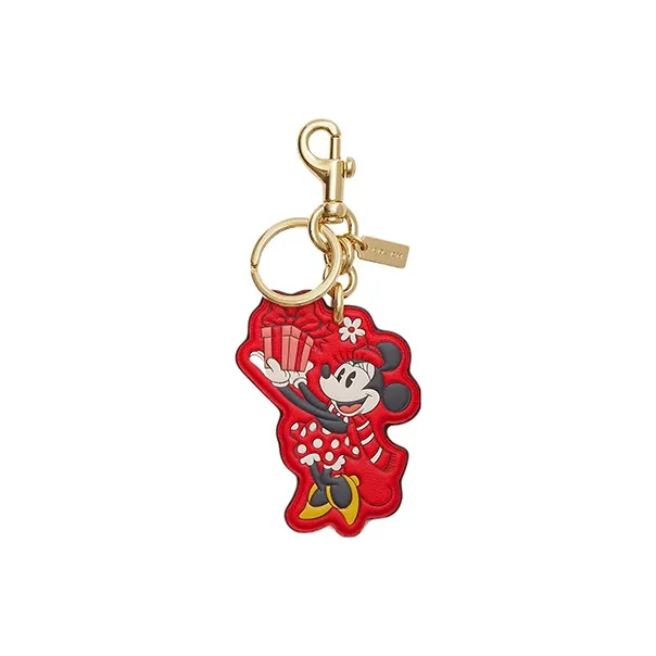 COACH Disney Collaboration Smooth Leather Bag Decor Key Ring Bag Accessory Unisex Gold & Electric Red-0