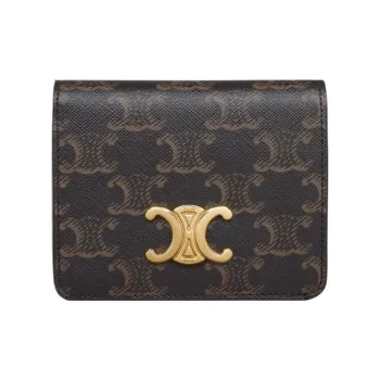 CELINE Triomphe Cow Leather With Fabric Wallet Regular Women's Tawny