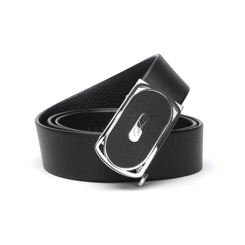 Satchi Sandu Top Grain Cow Leather Automatic Buckle Belt Fashion Stainless Steel Belt Men's Black Width 3.4cm-0