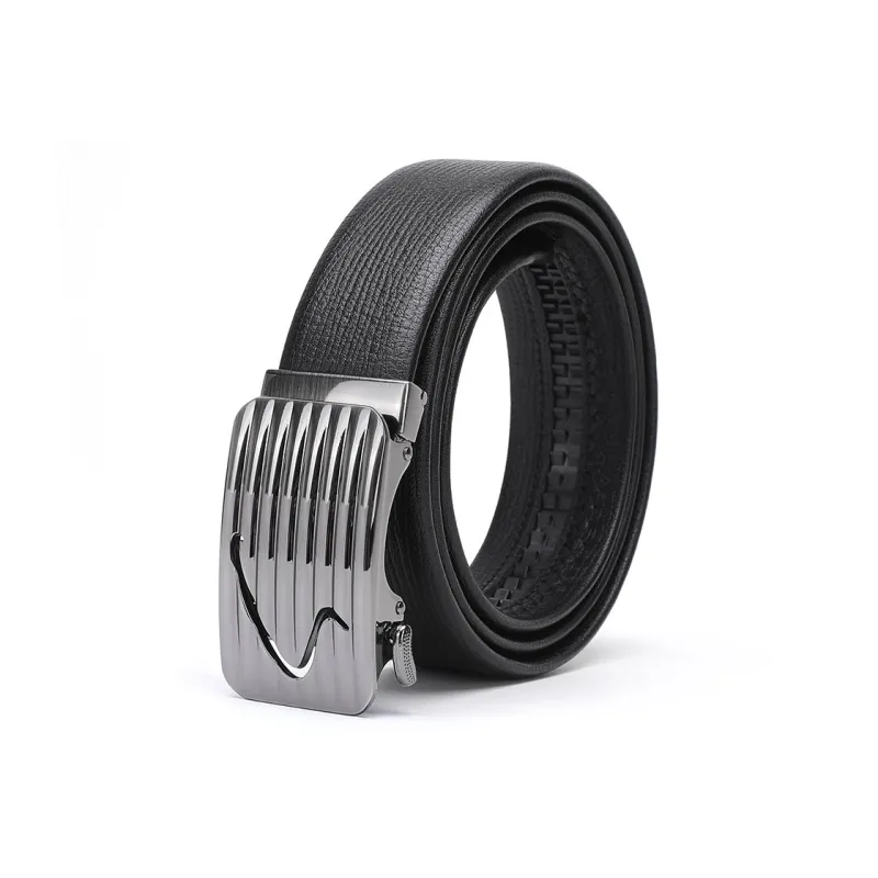 Satchi Sanduo Automatic Buckle Cow Leather Belt Stainless Steel Snap Leather Belts Men's Black Width 3.55cm-1
