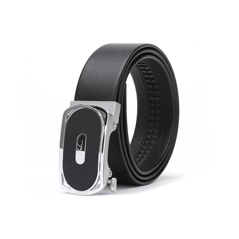 Satchi Sandu Top Grain Cow Leather Automatic Buckle Belt Fashion Stainless Steel Belt Men's Black Width 3.4cm-1