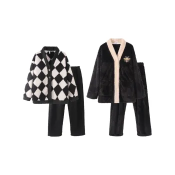Chun Xi Pajama Set Unisex Black White Plaid With Black Bee