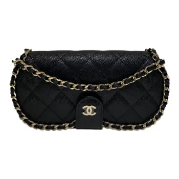 CHANEL 22P Grain Cow Leather One Shoulder Crossbody Eyeglass Pouch Small Size Women's Black