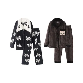 Chun Xi Pajama Set Unisex Black Butterfly Print Dark Brown