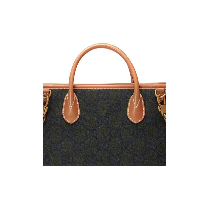GUCCI Wool Patchwork Leather Tote Bag Shopping Bag Shoulder Bag Crossbody Bag Handbag Unisex Brown-7