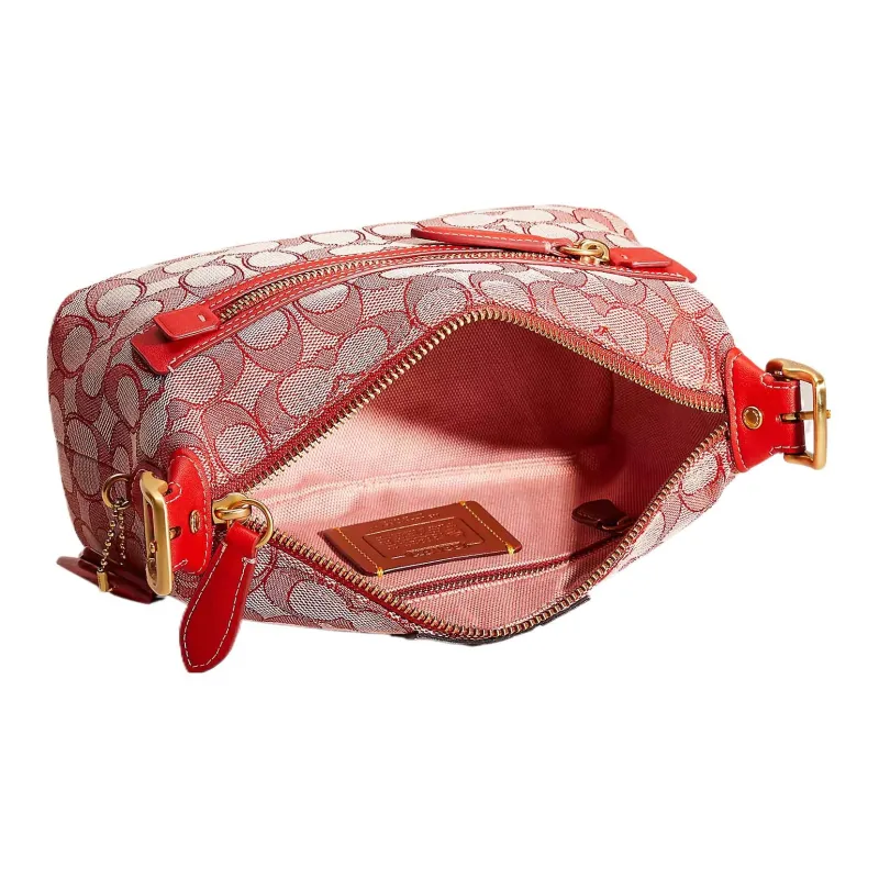 COACH Demi Jacquard Patchwork Recycled Leather Shoulder Bag Handbag Medium Size Women's Brass Sports Red-2