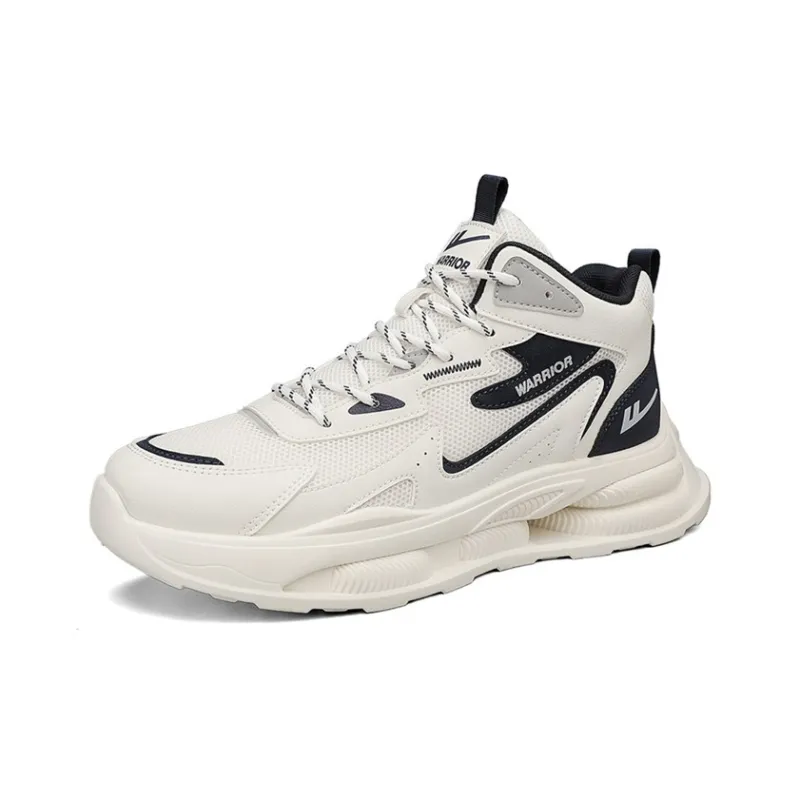 Warrior Height Increasing Abrasion Resistant Breathable Mid Top Lace Up, Chunky Sneakers Men's Beige Dark Blue-1