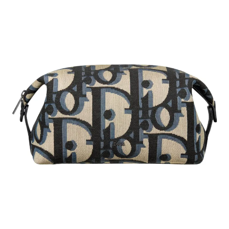 DIOR Extra Large Oblique Print Jacquard Woven Fabric Toiletry Bag Regular Men's Beige & Black-0