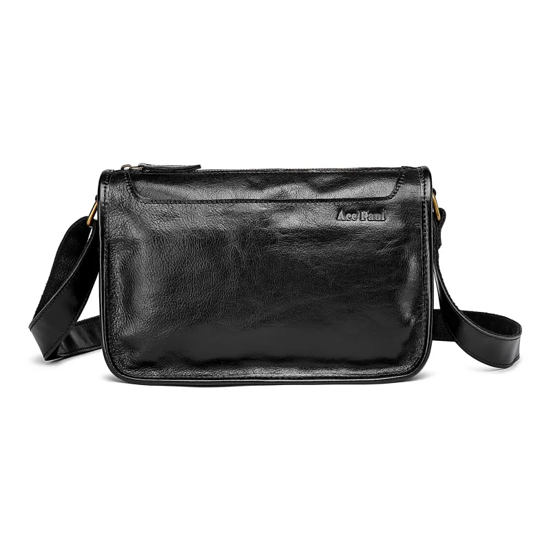Ace Paul Cow Leather Shoulder Bag, Crossbody Bag Medium Size Unisex Black/Red Brown-0