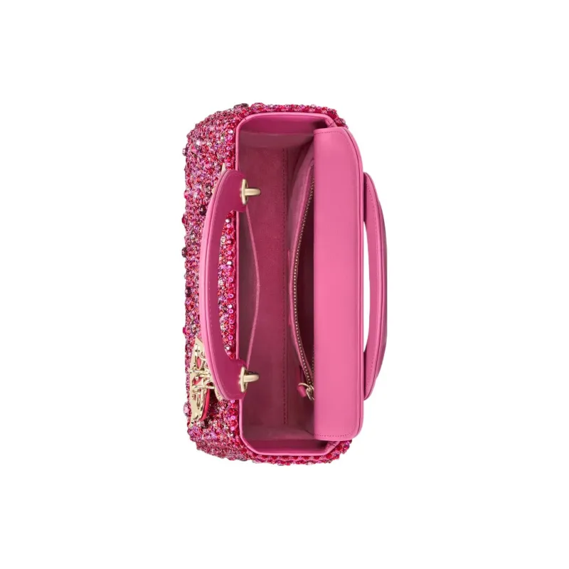 DIOR Lady Dior Rhinestone Embroidered Velvet Fabric Dior Bag Shoulder Bag Crossbody Bag Handbag Small Size Women's Pink-3
