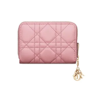 DIOR Lady Dior Sheepskin Coin Purses Wallets Small Size Women's Peach Pink