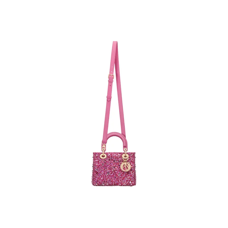 DIOR Lady Dior Rhinestone Embroidered Velvet Fabric Dior Bag Shoulder Bag Crossbody Bag Handbag Small Size Women's Pink-2
