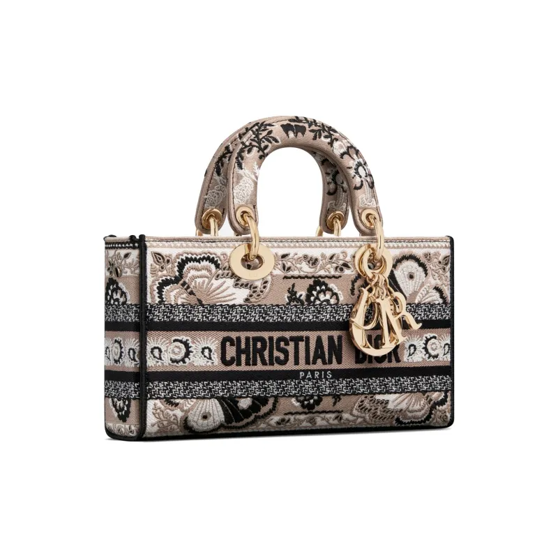 DIOR Lady D-JOY Butterfly Bandana Pattern Embroidery Shoulder Bag Crossbody Bag Handbag Medium Size Women's Beige-3