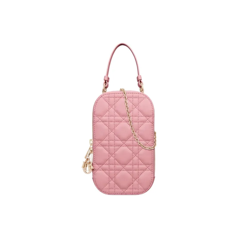 DIOR Lady Dior Lambskin Portable One Shoulder Crossbody Cell Phone Pouch Women's Peach Pink-0