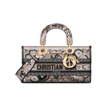 DIOR Lady D-JOY Butterfly Bandana Pattern Embroidery Shoulder Bag Crossbody Bag Handbag Medium Size Women's Beige
