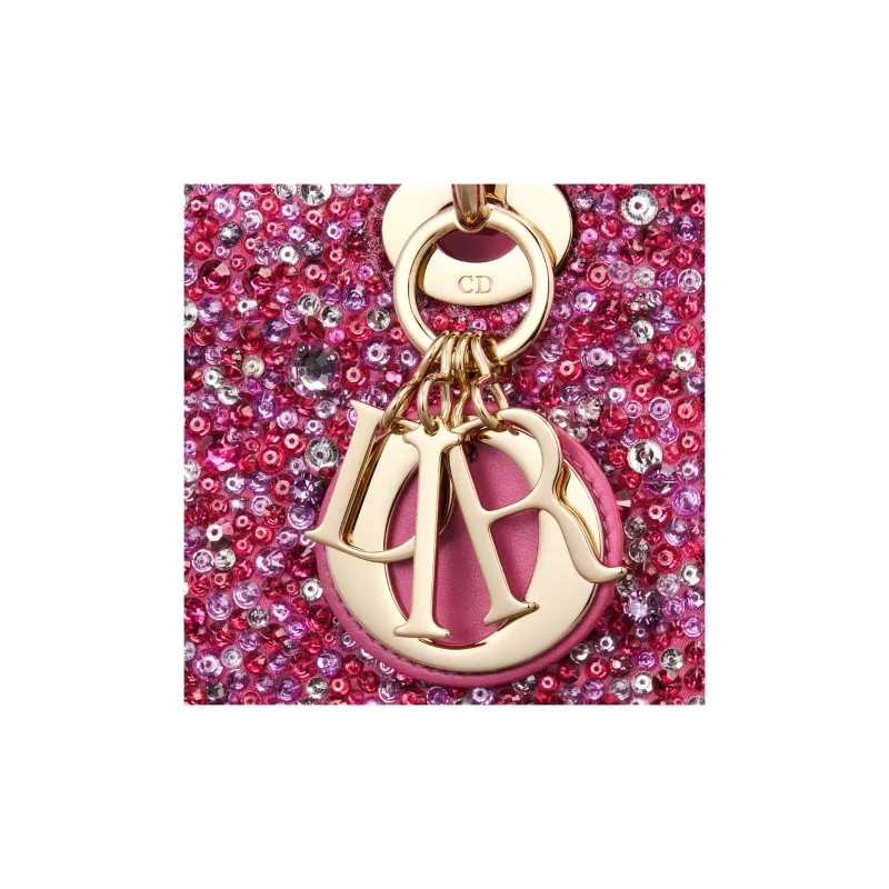 DIOR Lady Dior Rhinestone Embroidered Velvet Fabric Dior Bag Shoulder Bag Crossbody Bag Handbag Small Size Women's Pink-5