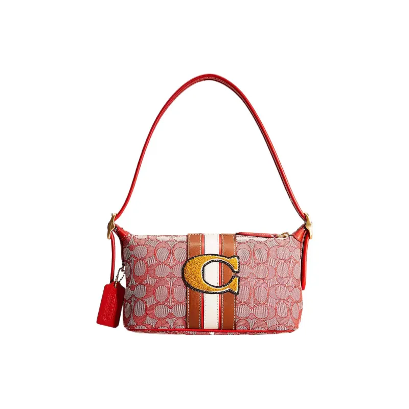 COACH Demi Jacquard Patchwork Recycled Leather Shoulder Bag Handbag Medium Size Women's Brass Sports Red-0