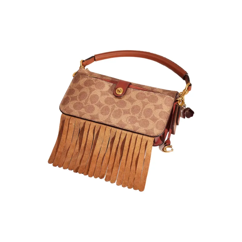 COACH Noa Pop Up Canvas With Leather Messenger Bag Handbag Small Size Women's Brass & Tan & Rusty Red-2