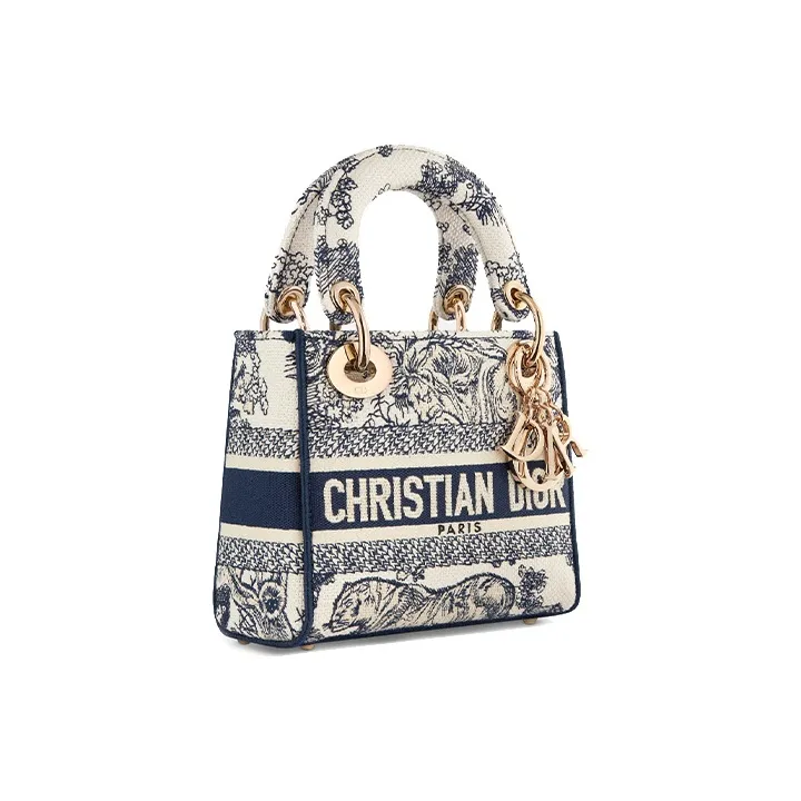 DIOR Lady D-Lite Ruiyi Print Embroidery Dior Bag Shoulder Bag Crossbody Bag Handbag Mini Women's White & Navy-1