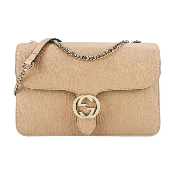 GUCCI Litchi Grain Leather Messenger Bag, Trunk Bag, Shoulder Bag, Crossbody Bag Large Size Women's Beige