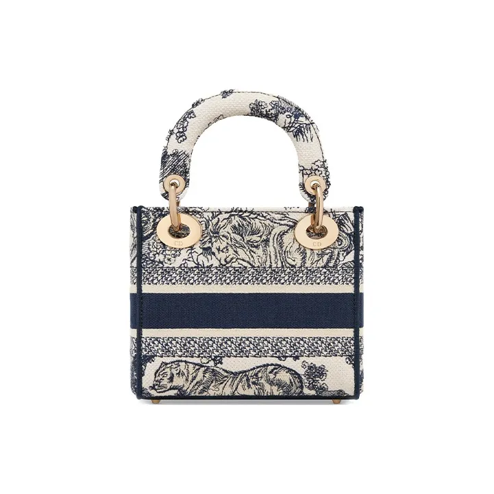 DIOR Lady D-Lite Ruiyi Print Embroidery Dior Bag Shoulder Bag Crossbody Bag Handbag Mini Women's White & Navy-2