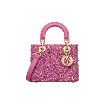 DIOR Lady Dior Rhinestone Embroidered Velvet Fabric Dior Bag Shoulder Bag Crossbody Bag Handbag Small Size Women's Pink