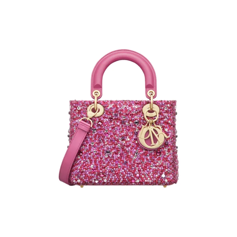 DIOR Lady Dior Rhinestone Embroidered Velvet Fabric Dior Bag Shoulder Bag Crossbody Bag Handbag Small Size Women's Pink-0